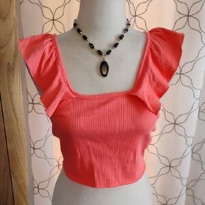 Zara Coral Ribbed Ruffle Crop Top